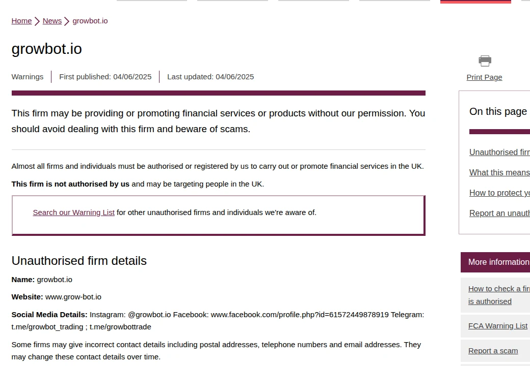 UK FCA warning list entry for growbot.io, live capture 2026-10-18 - bot-branded unauthorised firms market AI-adjacent automation through social channels. The AI label supercharges exactly this funnel.