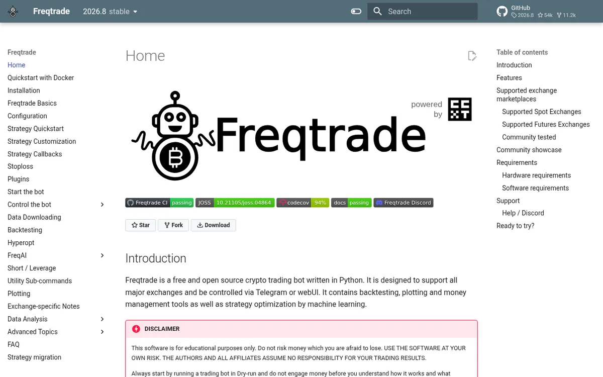 Screenshot: Freqtrade homepage